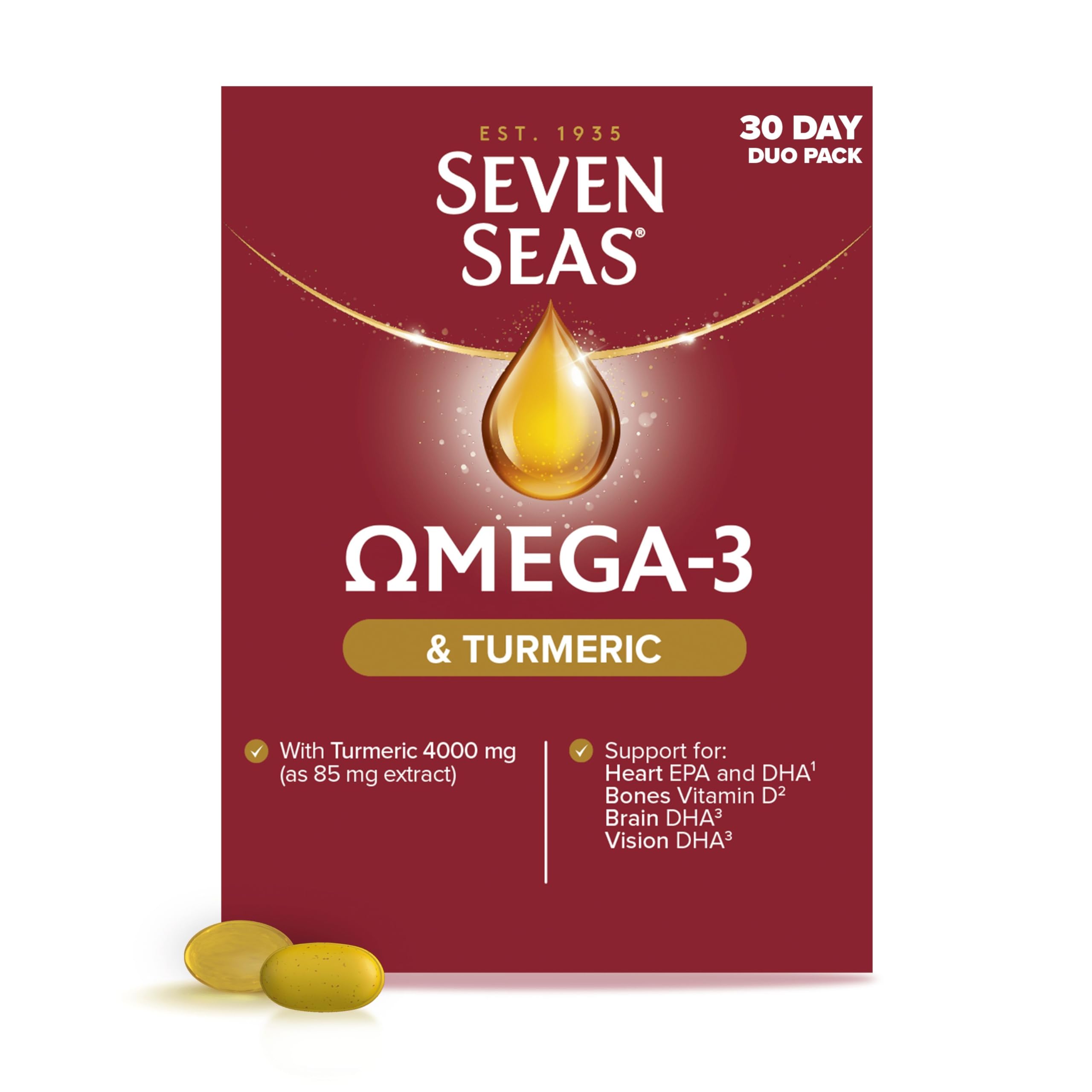 Seven Seas Omega-3 Fish Oil and Turmeric, Omega-3 Plus Vitamin D for Whole Body Healthplus, Duo Pack: 30 Capsules Plus 30 Tablets, 1 Month Supply - BBE 06/2026