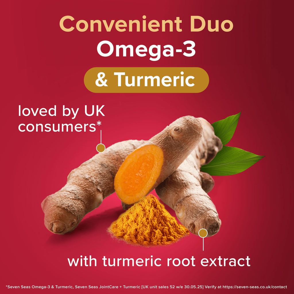 Seven Seas Omega-3 Fish Oil and Turmeric, Omega-3 Plus Vitamin D for Whole Body Healthplus, Duo Pack: 30 Capsules Plus 30 Tablets, 1 Month Supply - BBE 06/2026