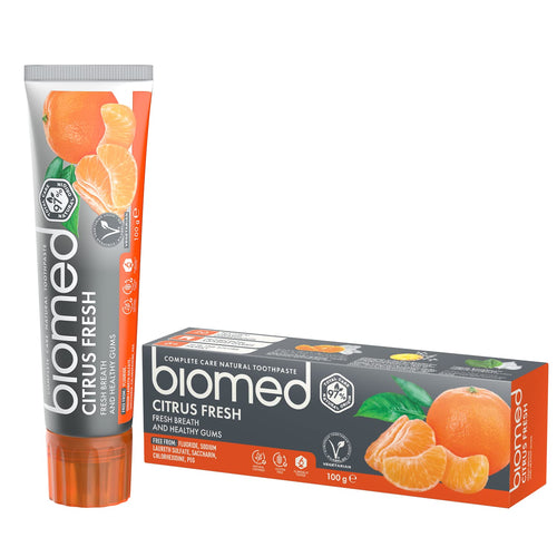 Biomed Citrus Fresh 97% Natural Toothpaste | Orange, Fresh Breath, Healthy Gums | Mandarin Grapefruit Lemon Essential Oils, Fruit Flavour, Vegetarian, SLES Free 100g 3 Pack - BBE 06/2026