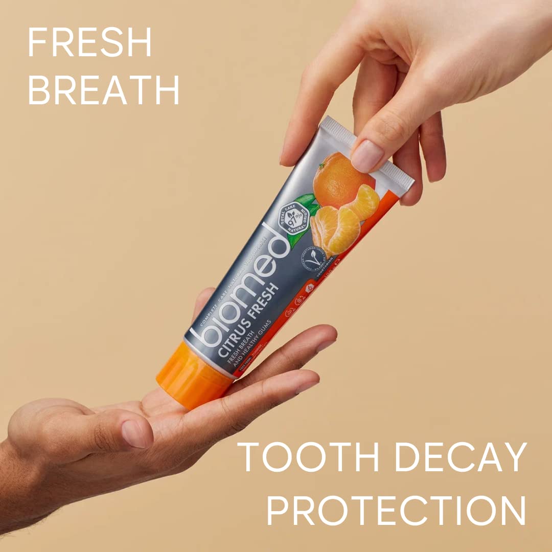 Biomed Citrus Fresh 97% Natural Toothpaste | Orange, Fresh Breath, Healthy Gums | Mandarin Grapefruit Lemon Essential Oils, Fruit Flavour, Vegetarian, SLES Free 100g 3 Pack - BBE 06/2026