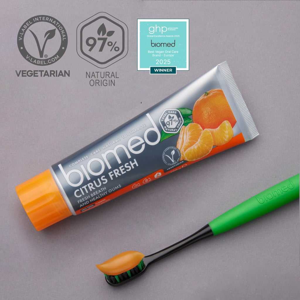 Biomed Citrus Fresh 97% Natural Toothpaste | Orange, Fresh Breath, Healthy Gums | Mandarin Grapefruit Lemon Essential Oils, Fruit Flavour, Vegetarian, SLES Free 100g 3 Pack - BBE 06/2026