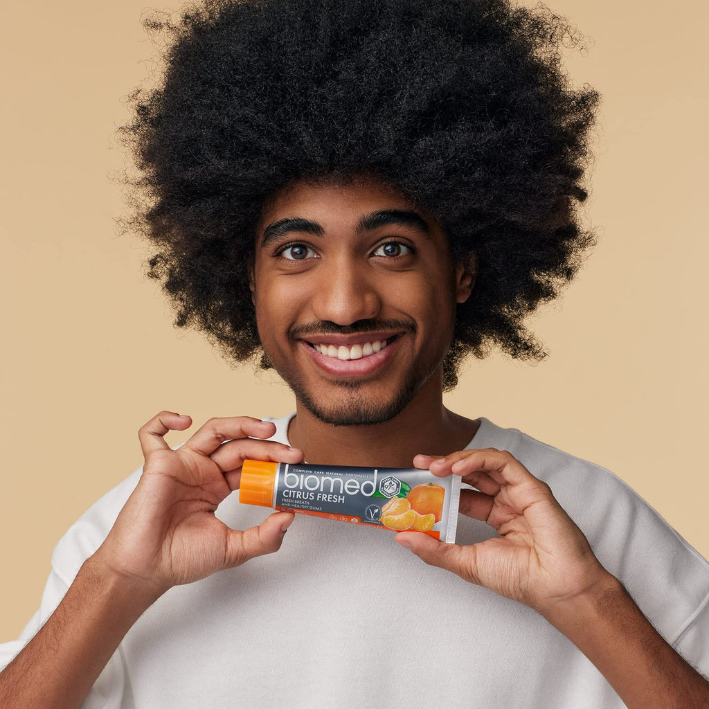 Biomed Citrus Fresh 97% Natural Toothpaste | Orange, Fresh Breath, Healthy Gums | Mandarin Grapefruit Lemon Essential Oils, Fruit Flavour, Vegetarian, SLES Free 100g 3 Pack - BBE 06/2026