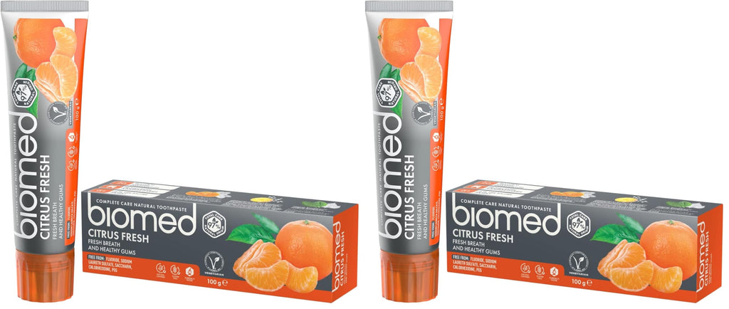 Biomed Citrus Fresh 97% Natural Toothpaste | Orange, Fresh Breath, Healthy Gums | Mandarin Grapefruit Lemon Essential Oils, Fruit Flavour, Vegetarian, SLES Free 100g 3 Pack - BBE 06/2026