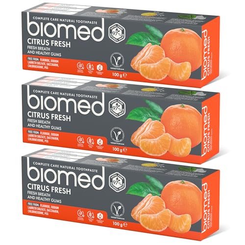 Biomed Citrus Fresh 97% Natural Toothpaste | Orange, Fresh Breath, Healthy Gums | Mandarin Grapefruit Lemon Essential Oils, Fruit Flavour, Vegetarian, SLES Free 100g 3 Pack - BBE 06/2026