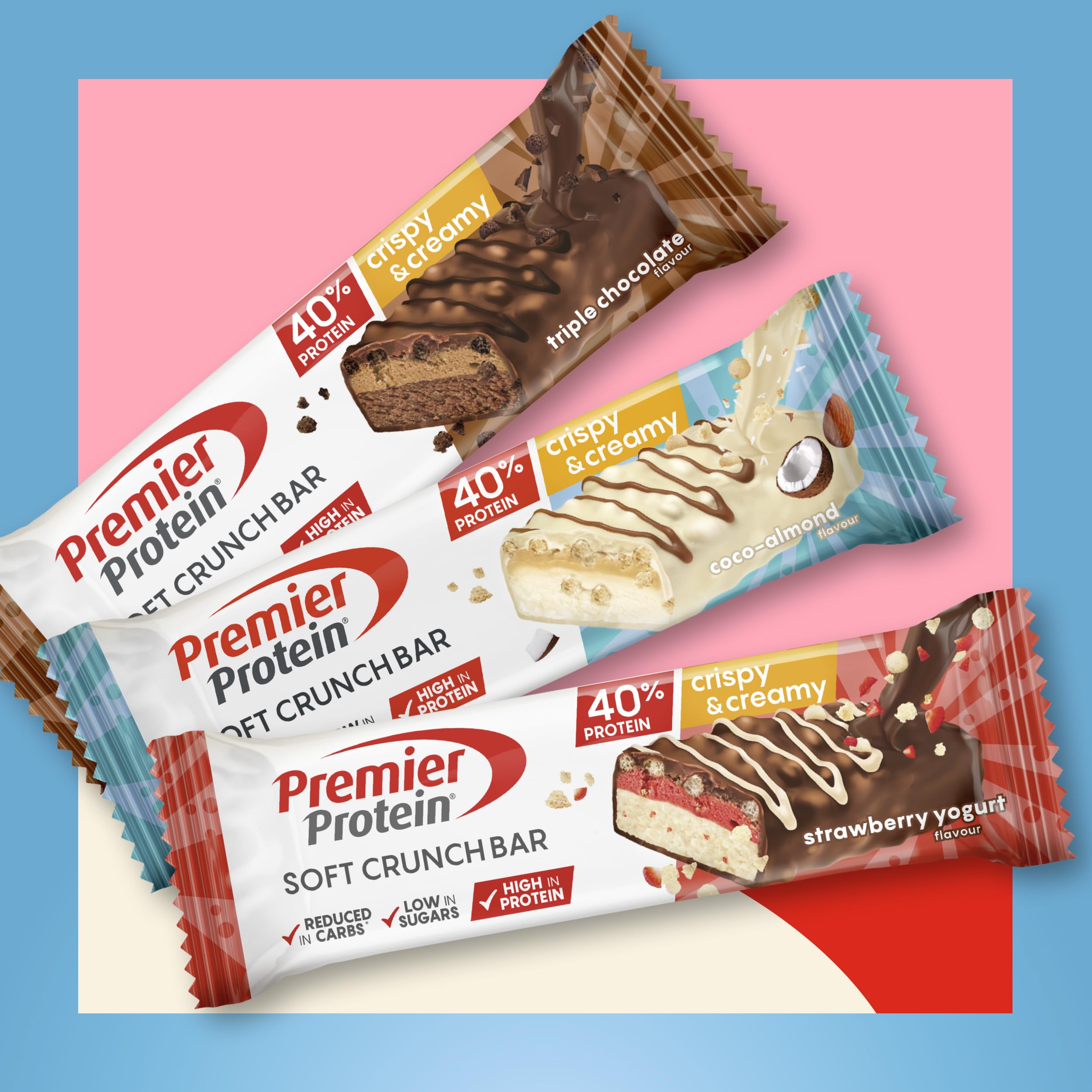 Premier Protein - Soft Crunch Bar 40 percent - Strawberry Yoghurt - 12x40g - Low Sugar - Low Carb - High Protein Bar - Palm Oil Free - Damaged Box - BBE 05/2026