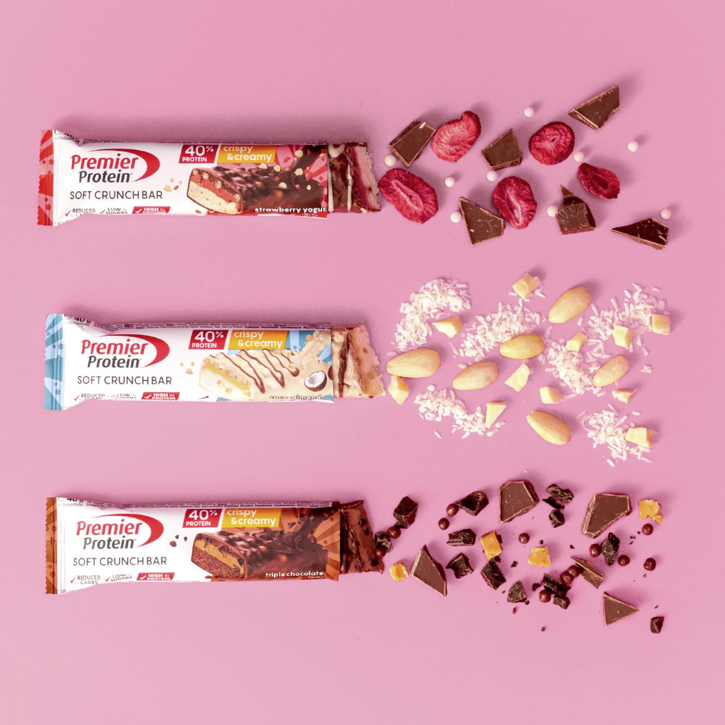 Premier Protein - Soft Crunch Bar 40 percent - Strawberry Yoghurt - 12x40g - Low Sugar - Low Carb - High Protein Bar - Palm Oil Free - Damaged Box - BBE 05/2026