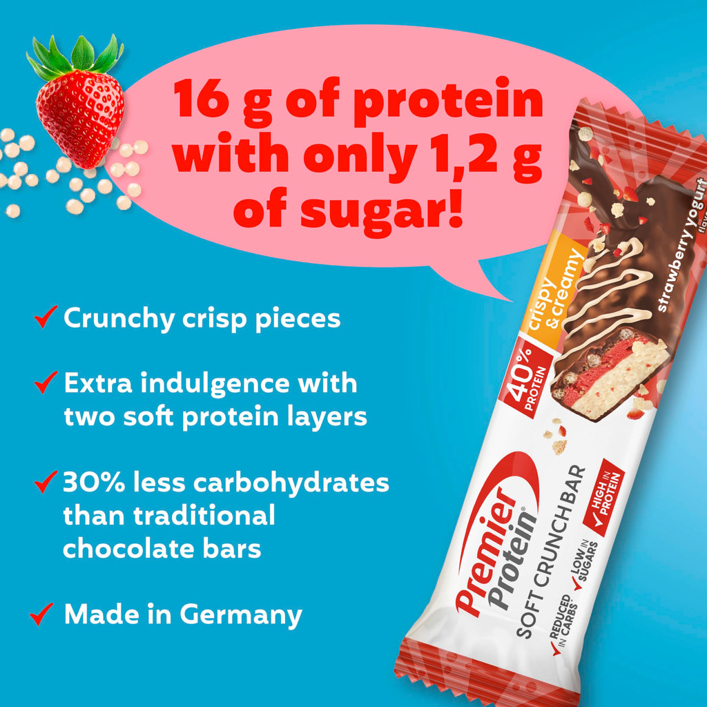 Premier Protein - Soft Crunch Bar 40 percent - Strawberry Yoghurt - 12x40g - Low Sugar - Low Carb - High Protein Bar - Palm Oil Free - Damaged Box - BBE 05/2026