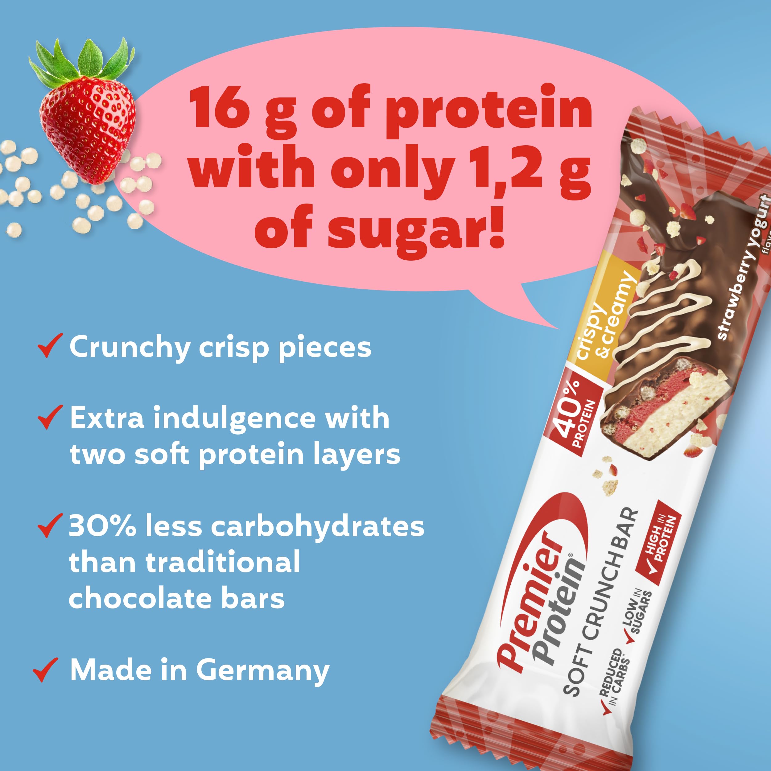 Premier Protein - Soft Crunch Bar 40 percent - Strawberry Yoghurt - 12x40g - Low Sugar - Low Carb - High Protein Bar - Palm Oil Free - Damaged Box - BBE 05/2026
