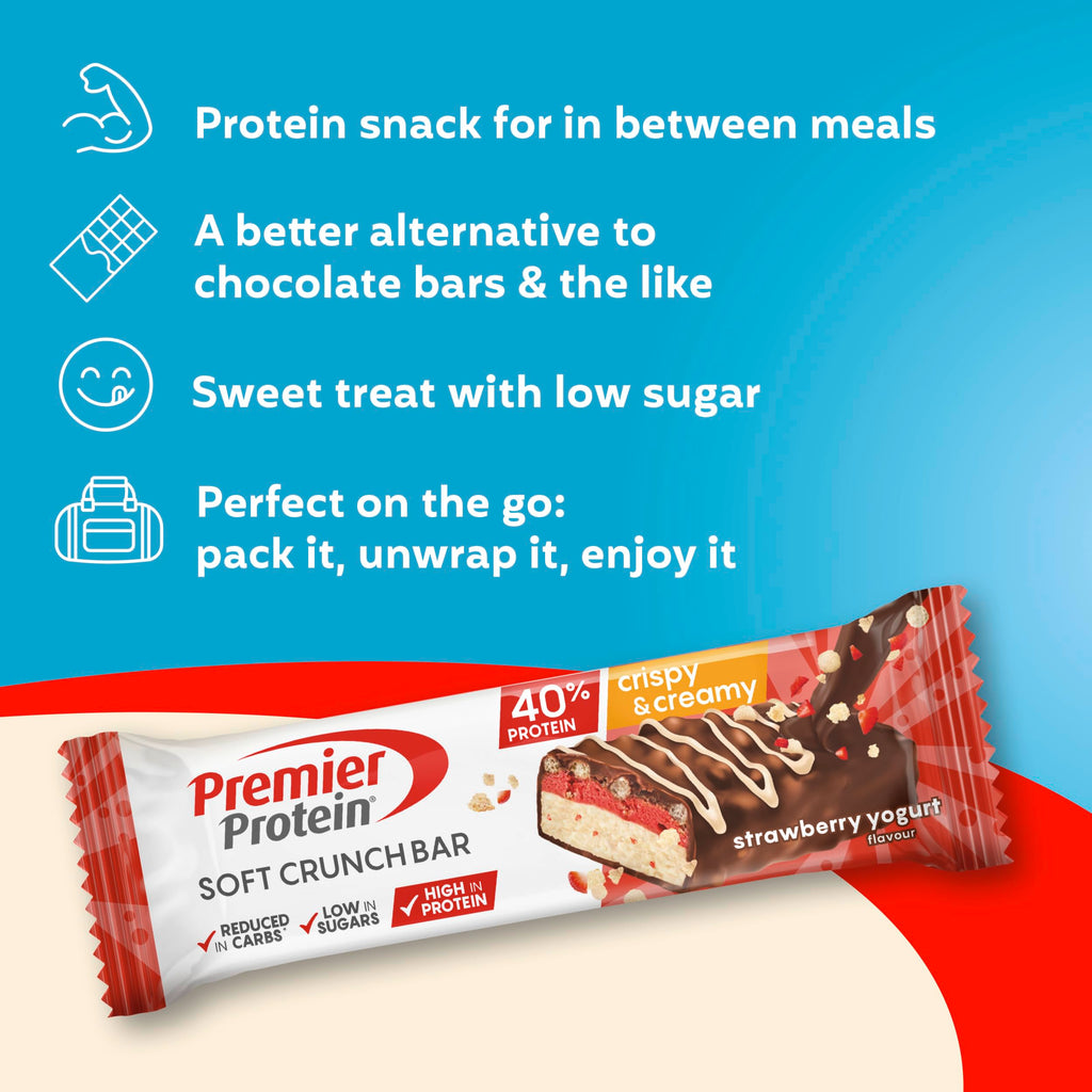 Premier Protein - Soft Crunch Bar 40 percent - Strawberry Yoghurt - 12x40g - Low Sugar - Low Carb - High Protein Bar - Palm Oil Free - Damaged Box - BBE 05/2026