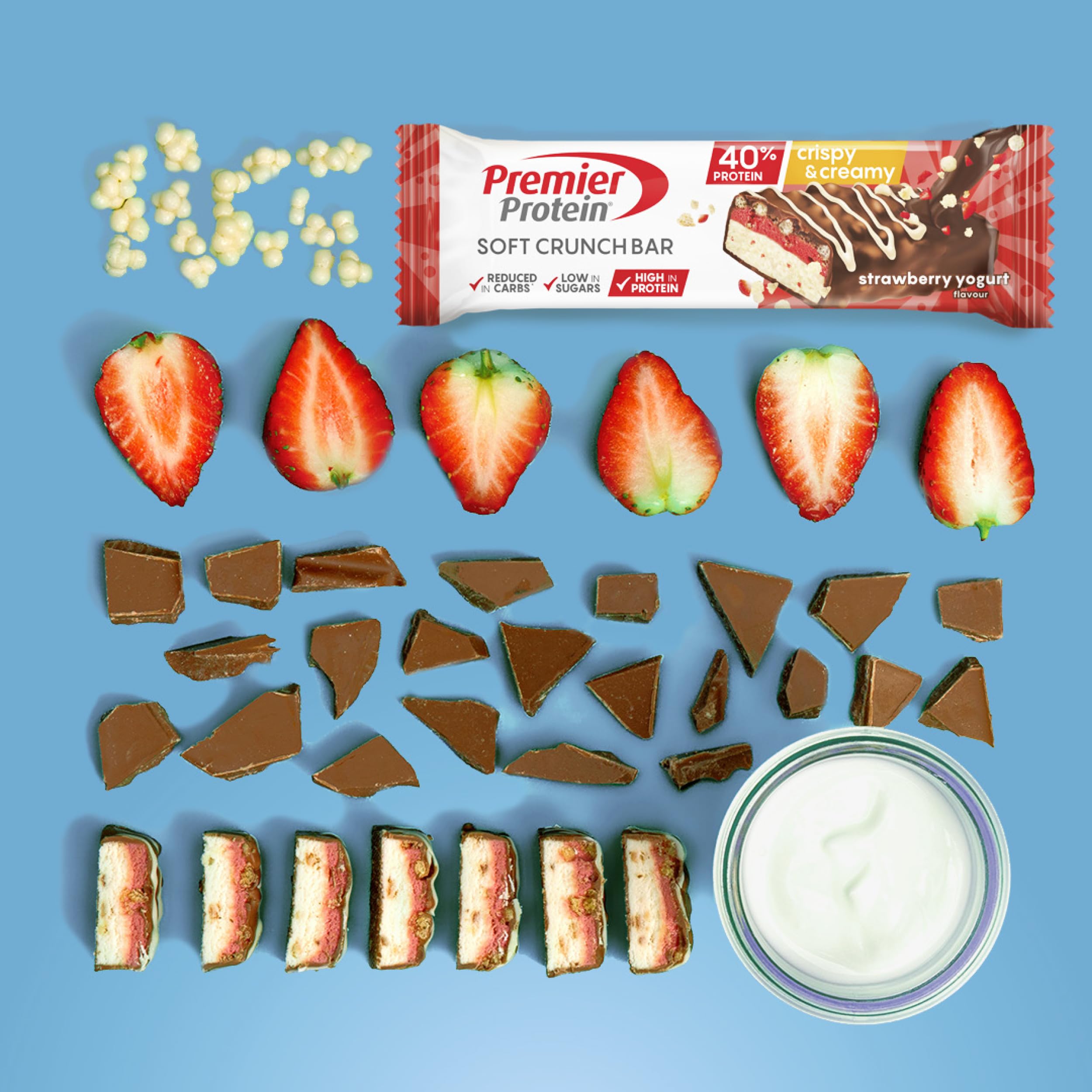 Premier Protein - Soft Crunch Bar 40 percent - Strawberry Yoghurt - 12x40g - Low Sugar - Low Carb - High Protein Bar - Palm Oil Free - Damaged Box - BBE 05/2026