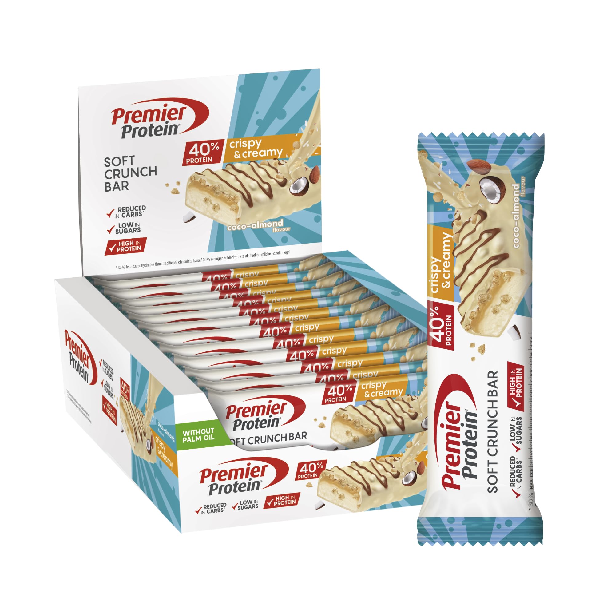 Premier Protein - Soft Crunch Bar 40 percent - Strawberry Yoghurt - 12x40g - Low Sugar - Low Carb - High Protein Bar - Palm Oil Free - Damaged Box - BBE 05/2026