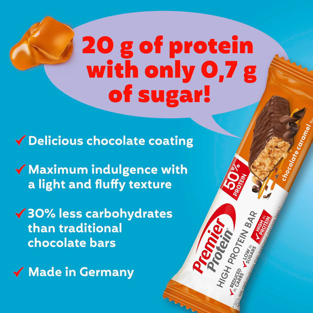Premier Protein - High Protein Bar 50 percent - Chocolate Caramel - 16x40g - Low Sugar - Low Carb - Palm Oil Free - Damaged Box - BBE 05/2026