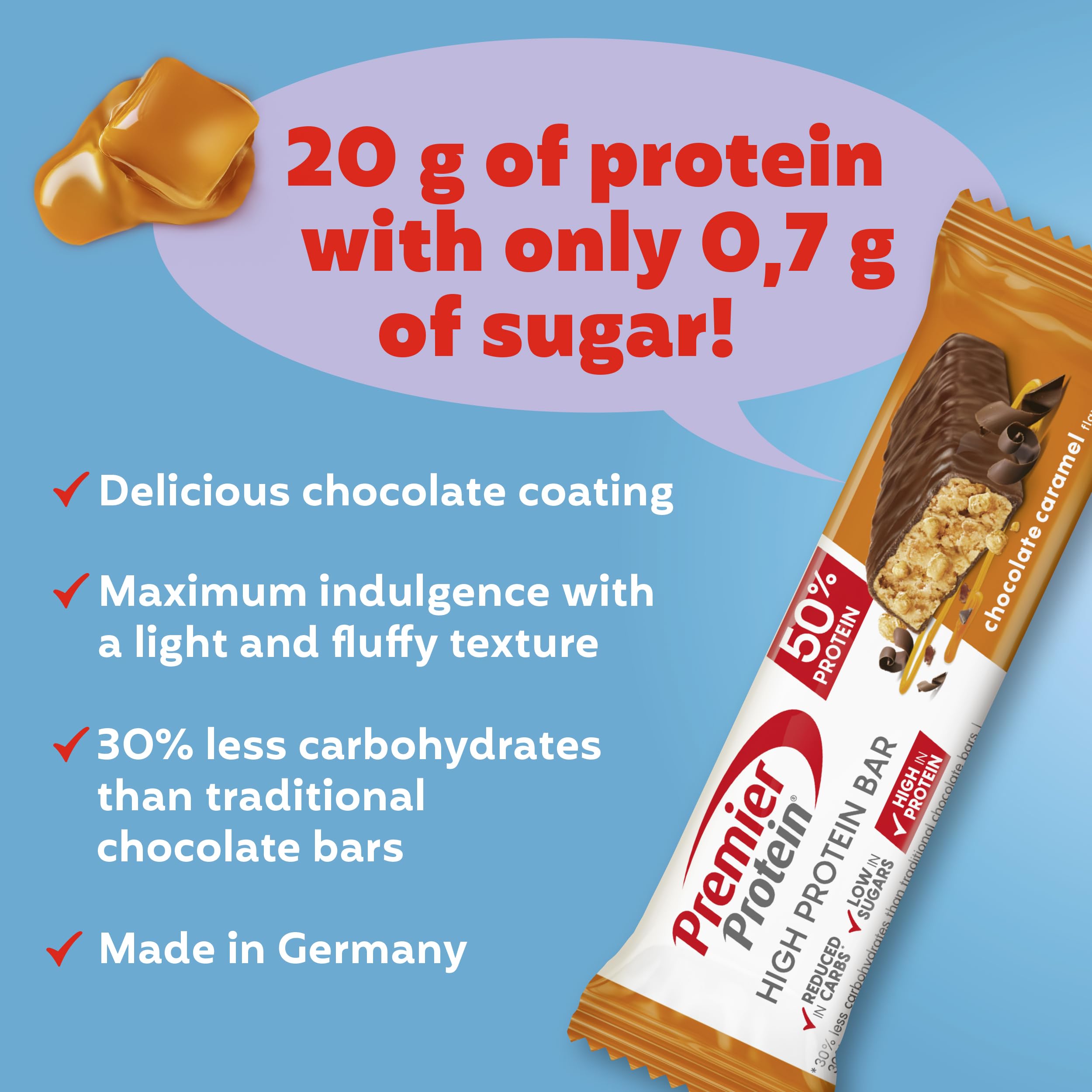 Premier Protein - High Protein Bar 50 percent - Chocolate Caramel - 16x40g - Low Sugar - Low Carb - Palm Oil Free - Damaged Box - BBE 05/2026