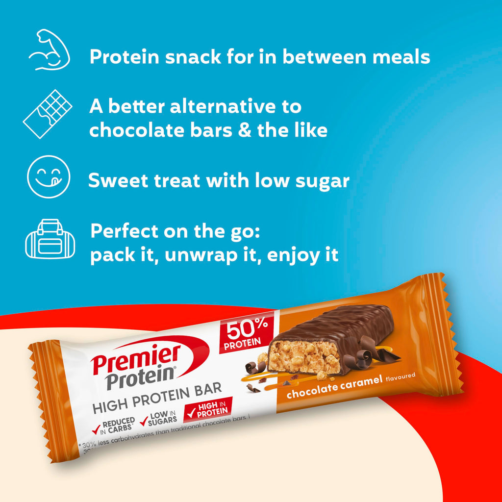 Premier Protein - High Protein Bar 50 percent - Chocolate Caramel - 16x40g - Low Sugar - Low Carb - Palm Oil Free - Damaged Box - BBE 05/2026