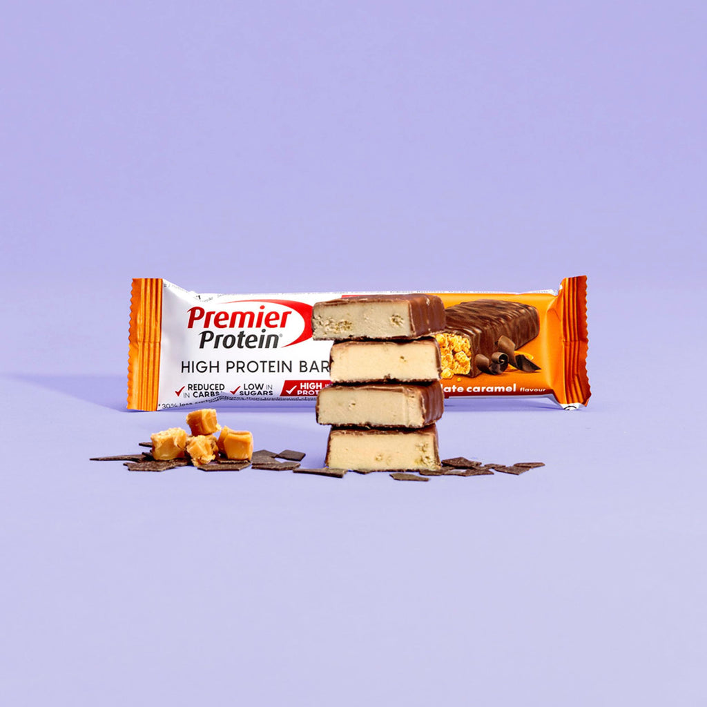 Premier Protein - High Protein Bar 50 percent - Chocolate Caramel - 16x40g - Low Sugar - Low Carb - Palm Oil Free - Damaged Box - BBE 05/2026