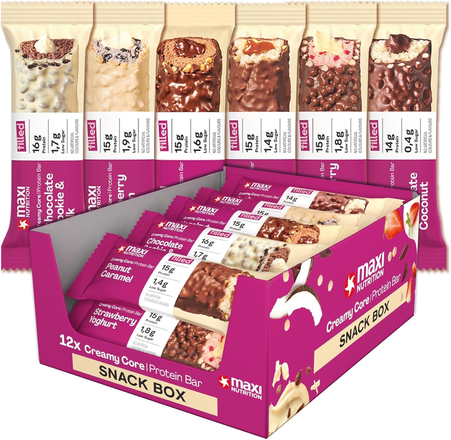 MaxiNutrition Creamy Core Bar Mix Box Variety pack (12 Bar x 45 g) 2 X 6 Flavours of bars, over 14g Protein per bar, Each with 195 calories or lower, No Added Sugar, No Artificial Flavours - Damaged Box - BBE 06/2026