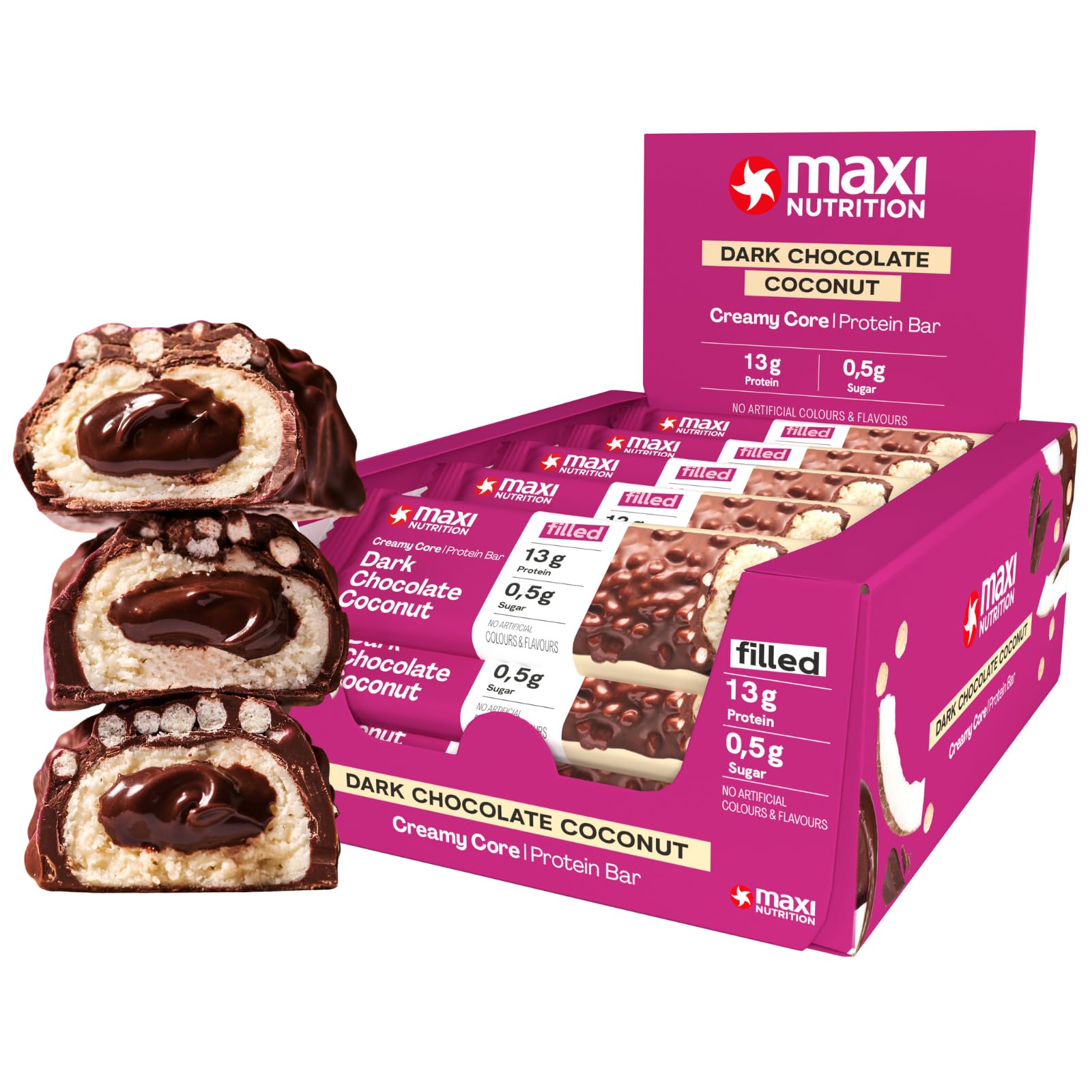 MaxiNutrition Creamy Core Bar Mix Box Variety pack (12 Bar x 45 g) 2 X 6 Flavours of bars, over 14g Protein per bar, Each with 195 calories or lower, No Added Sugar, No Artificial Flavours - Damaged Box - BBE 06/2026