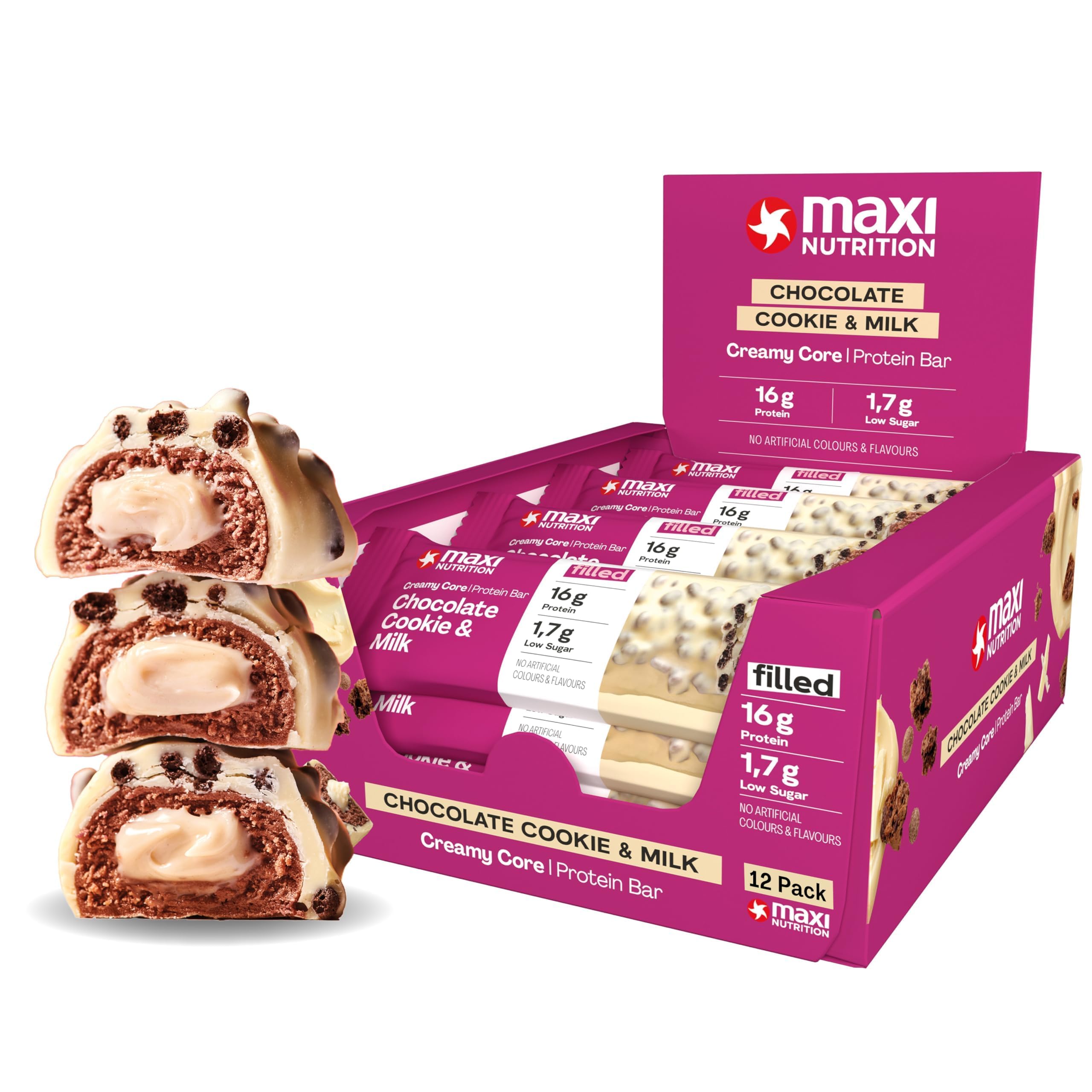 MaxiNutrition Creamy Core Bar Mix Box Variety pack (12 Bar x 45 g) 2 X 6 Flavours of bars, over 14g Protein per bar, Each with 195 calories or lower, No Added Sugar, No Artificial Flavours - Damaged Box - BBE 06/2026
