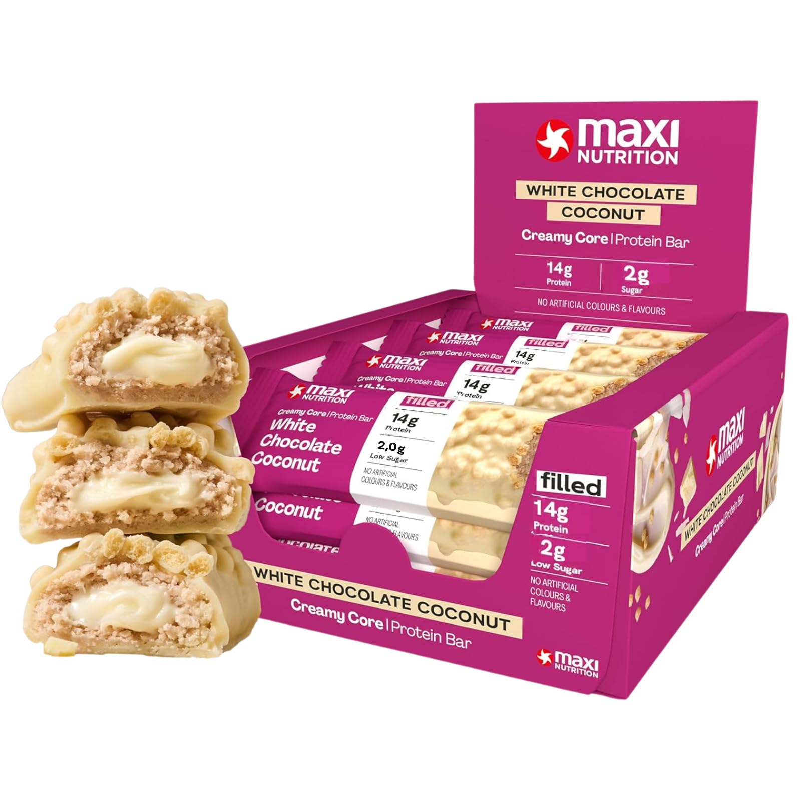 MaxiNutrition Creamy Core Bar Mix Box Variety pack (12 Bar x 45 g) 2 X 6 Flavours of bars, over 14g Protein per bar, Each with 195 calories or lower, No Added Sugar, No Artificial Flavours - Damaged Box - BBE 06/2026