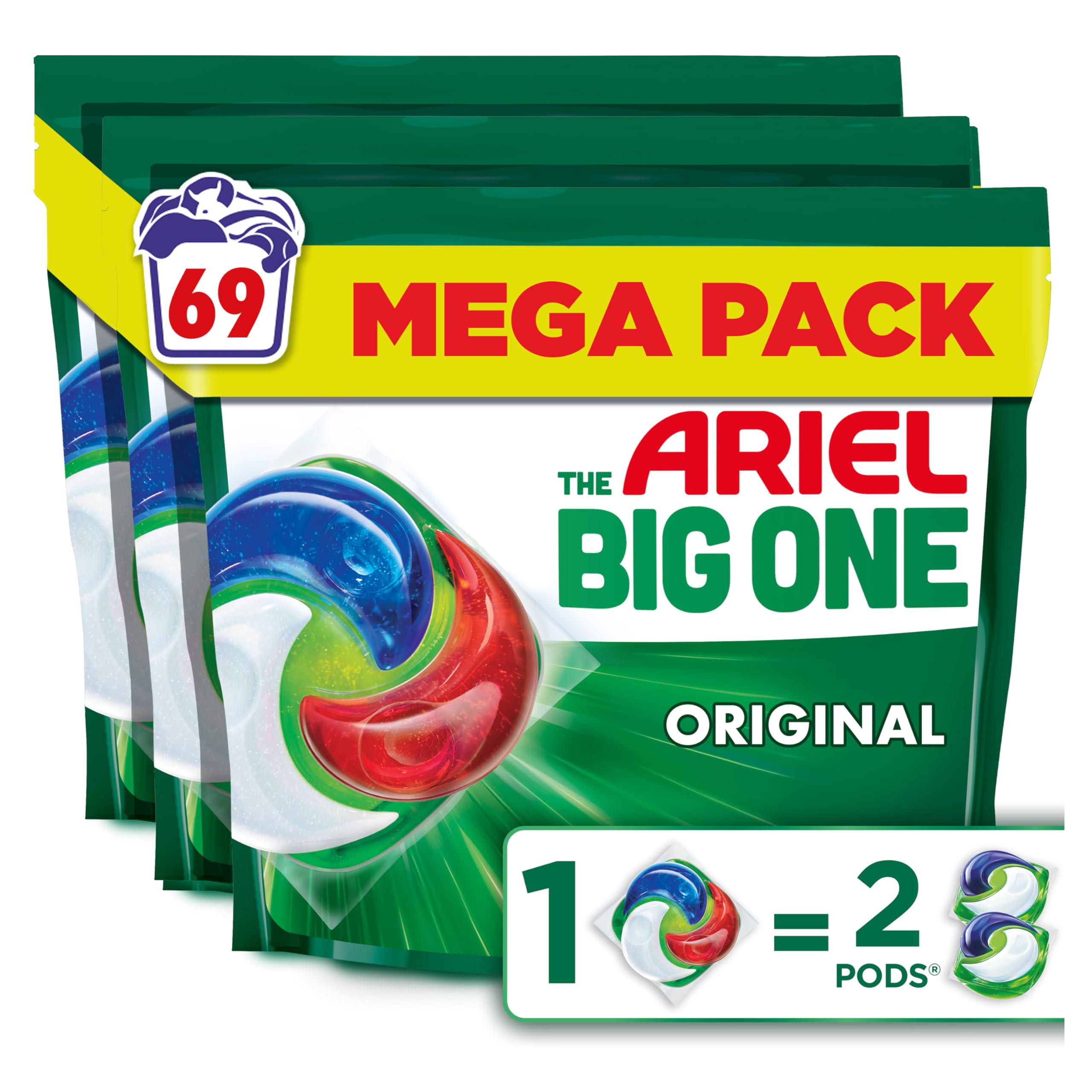 Ariel The Big One PODS Laundry Capsules 69 Washes - Original Scent, 2X Stain & Odour Removal, Cold Wash - Damaged Box