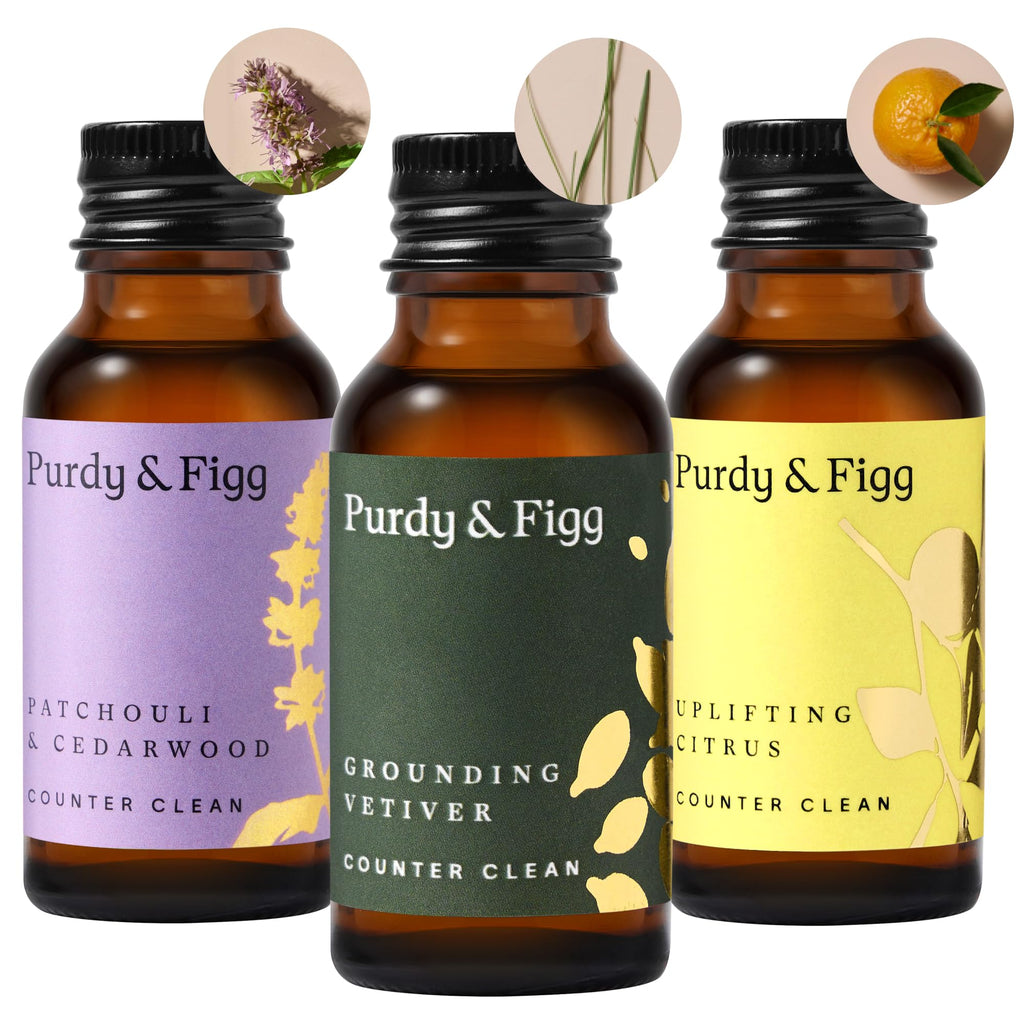 Purdy & Figg | Counter Clean Mixed Refill Kit | All-Purpose Cleaning Spray with Organic Essential Oils | Natural & Non-Toxic | Home & Kitchen Countertops | Citrus/Patchouli & Cedarwood/Vetiver Scents