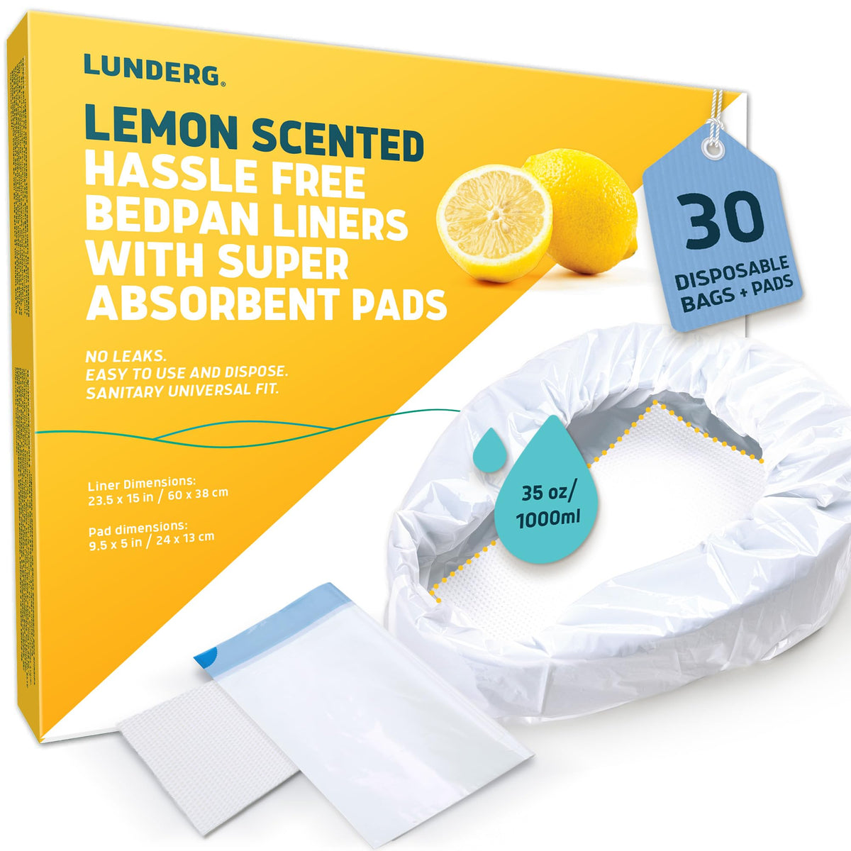 Lunderg Bedpan Liners - 30 Count Value Pack - Lemon Scented Super Absorbent Pads - Medical Grade Universal Fit for Elderly - New