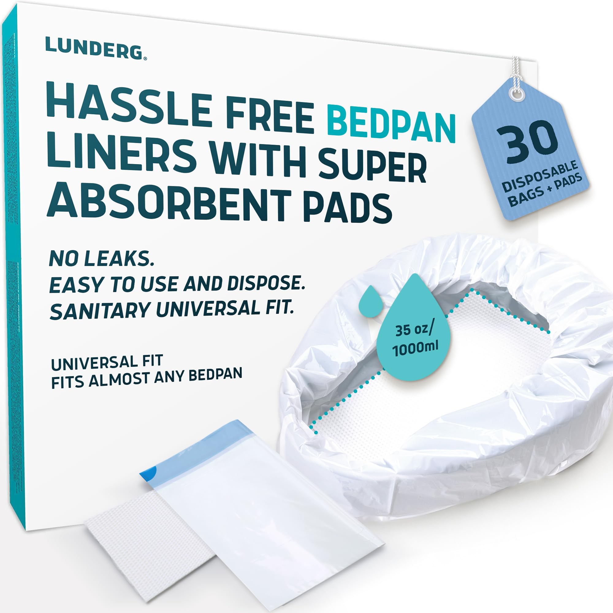 Lunderg Bedpan Liners with Lemon Scented Super Absorbent Pads - Value Pack 30 Count - Medical Grade & Universal Fit - Bed Pans for Females, Elderly Men and Women - Make Life so Much Easier