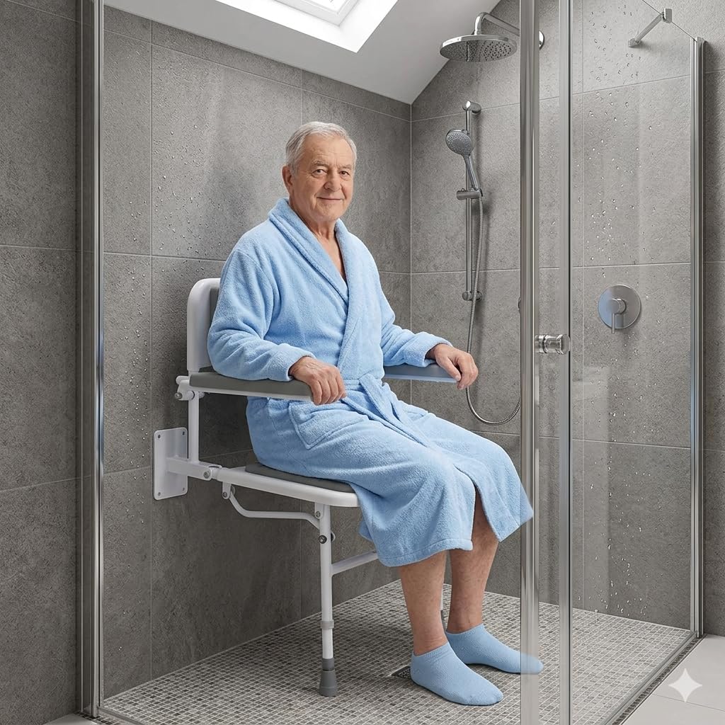 Aidapt Solo Standard Deluxe Shower Seat with Legs & Backrest - Padded Arms, Wall Mounted, Fold Flat, Adjustable, Compact - Like New