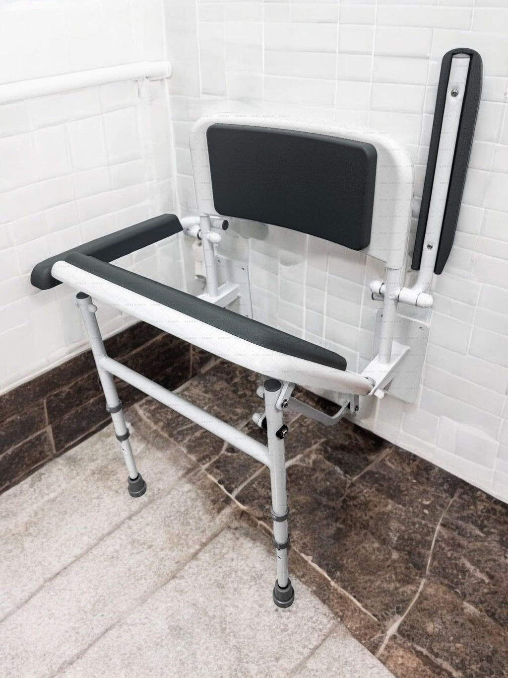 Aidapt Solo Standard Deluxe Shower Seat with Legs & Backrest - Padded Arms, Wall Mounted, Fold Flat, Adjustable, Compact - Like New