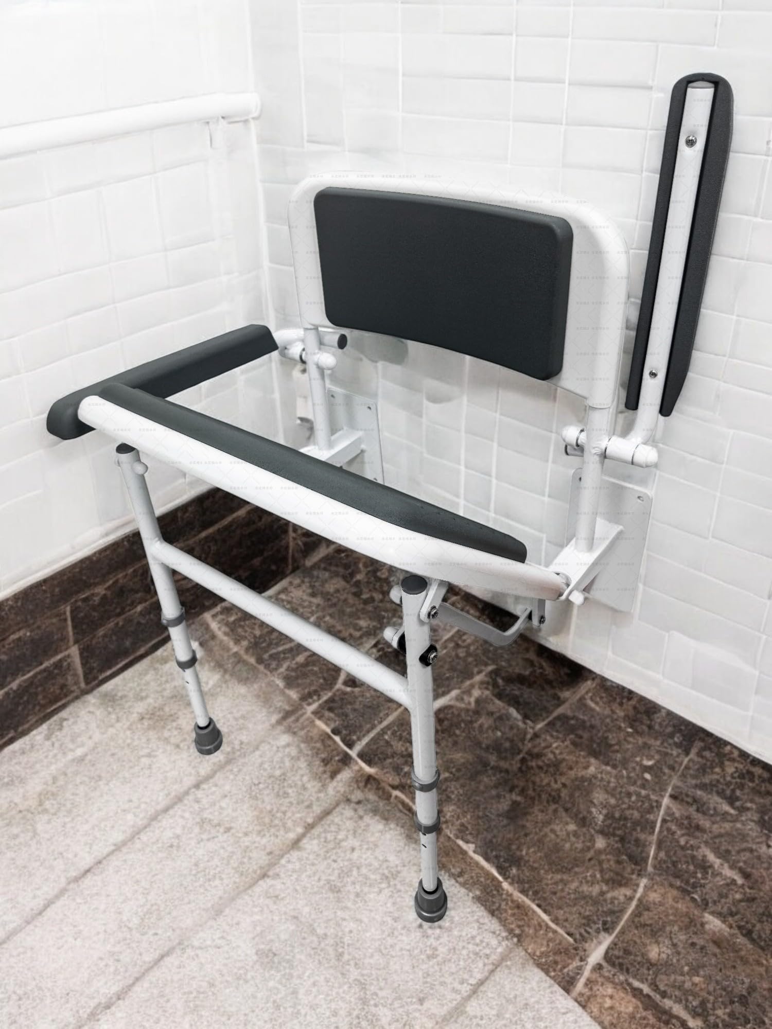 Aidapt Solo Standard Deluxe Shower Seat with Legs & Backrest - Padded Arms, Wall Mounted, Fold Flat, Adjustable, Compact - Like New