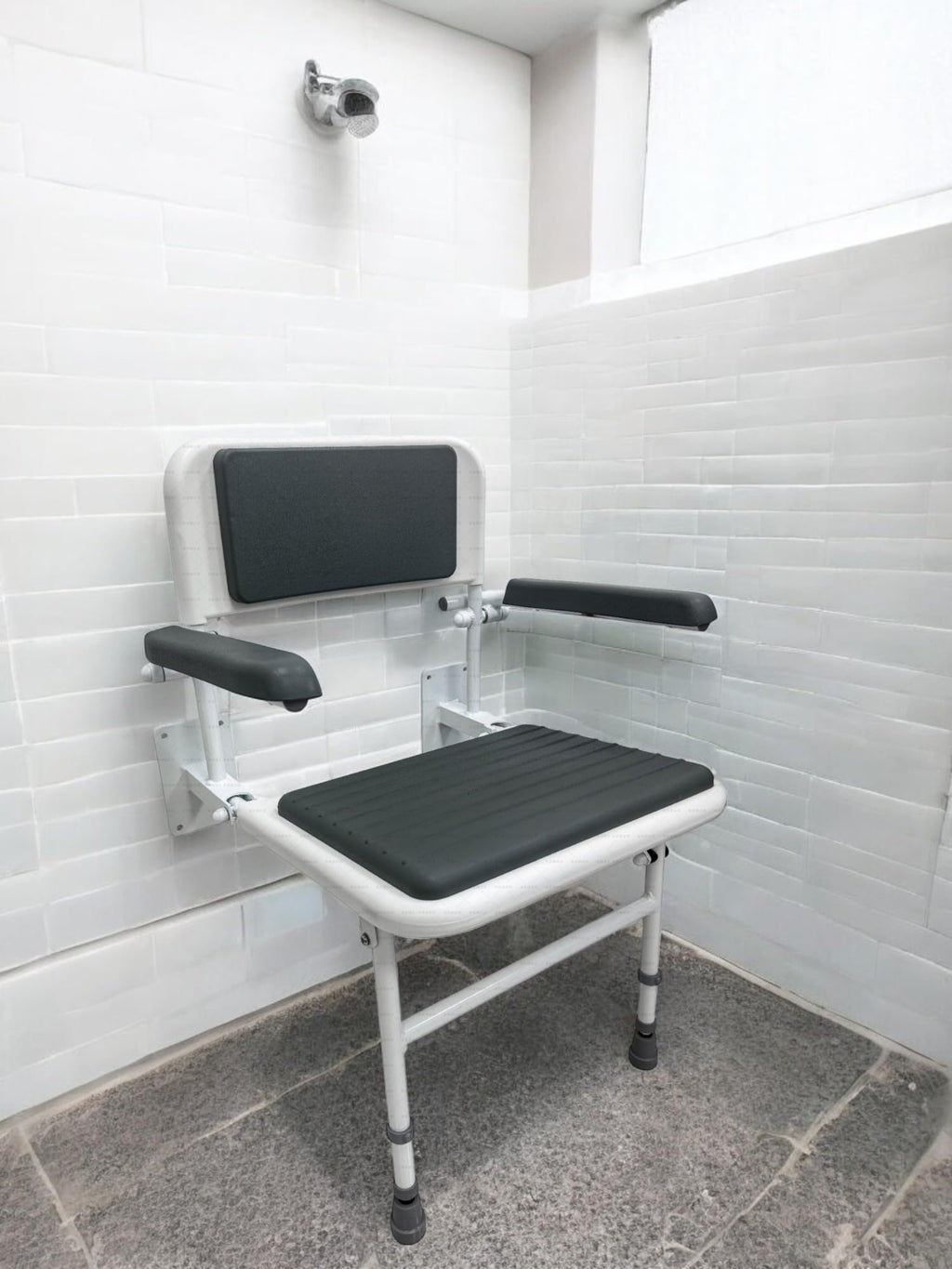 Aidapt Solo Standard Deluxe Shower Seat with Legs & Backrest - Padded Arms, Wall Mounted, Fold Flat, Adjustable, Compact - Like New