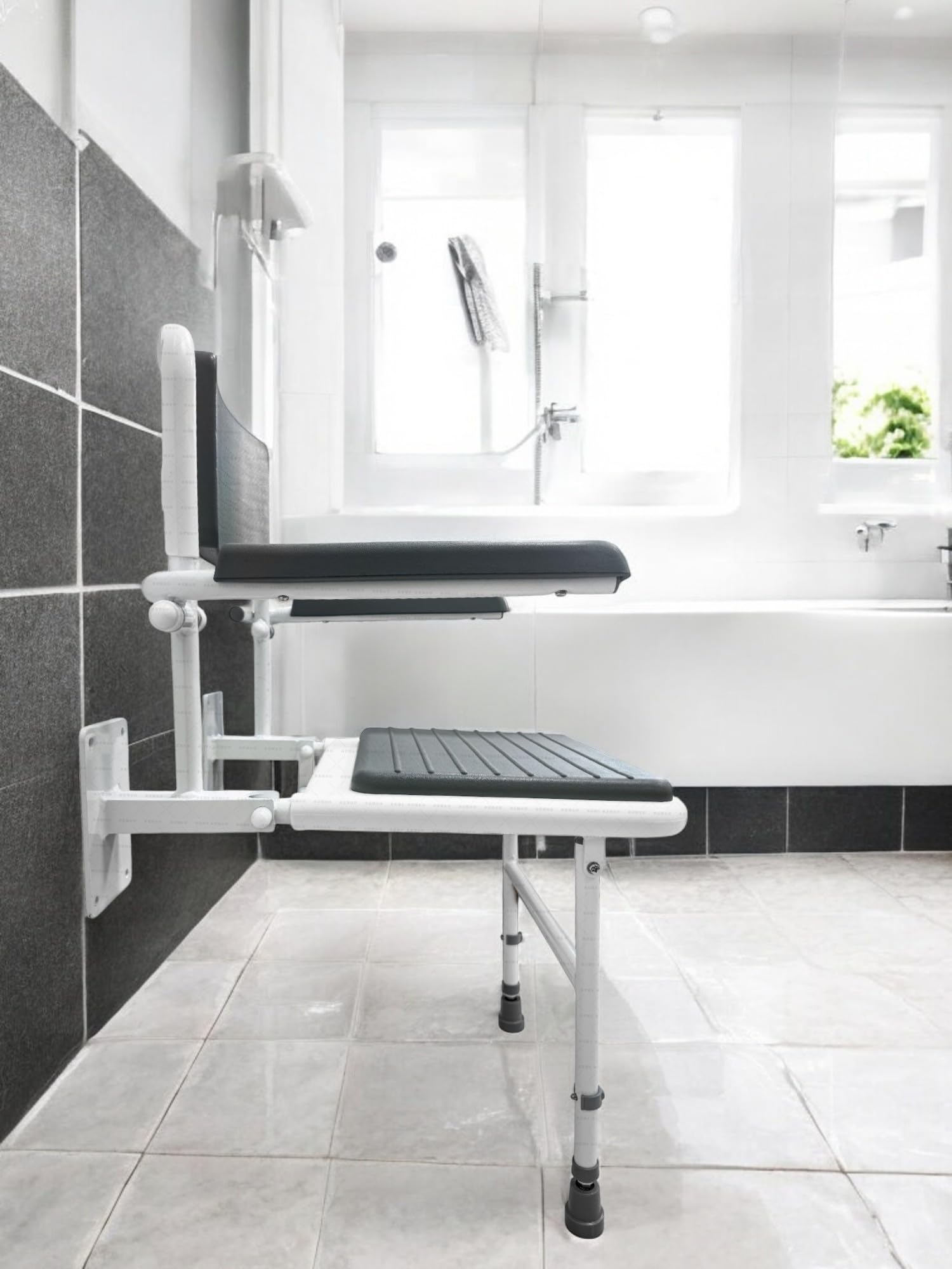 Aidapt Solo Standard Deluxe Shower Seat with Legs & Backrest - Padded Arms, Wall Mounted, Fold Flat, Adjustable, Compact - Like New
