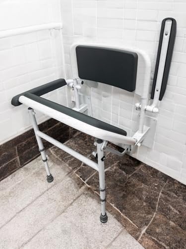 Aidapt Solo Standard Deluxe Shower Seat with Legs & Backrest - Padded Arms, Wall Mounted, Fold Flat, Adjustable, Compact - Like New