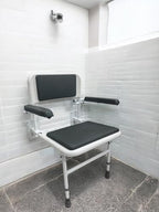 Aidapt Solo Standard Deluxe Shower Seat with Legs & Backrest - Padded Arms, Wall Mounted, Fold Flat, Adjustable, Compact - Like New