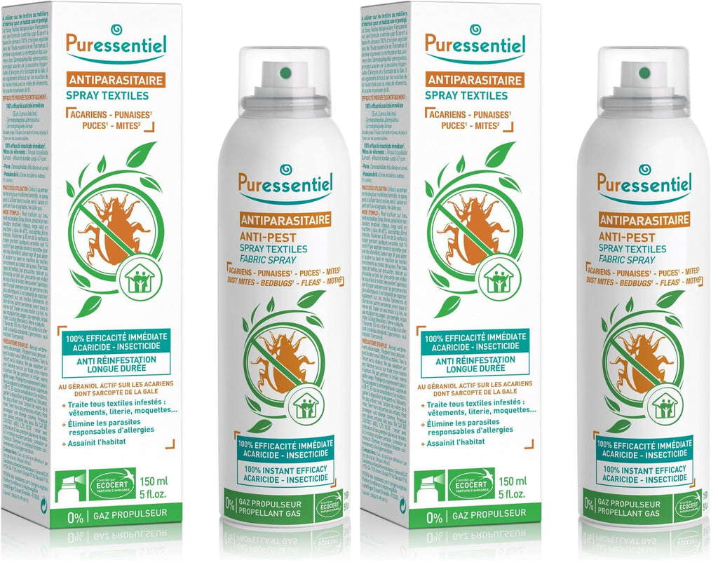 Puressentiel Fleas, Bugs & Moths Treatment Spray 150ml - Effective on Dust Mites, Clothes Moths, Fleas & Bed Bugs - Scientifically Proven for All Fabric Types - 100% Natural - Prevents Reinfestation - Damaged Box - BBE 01/2028