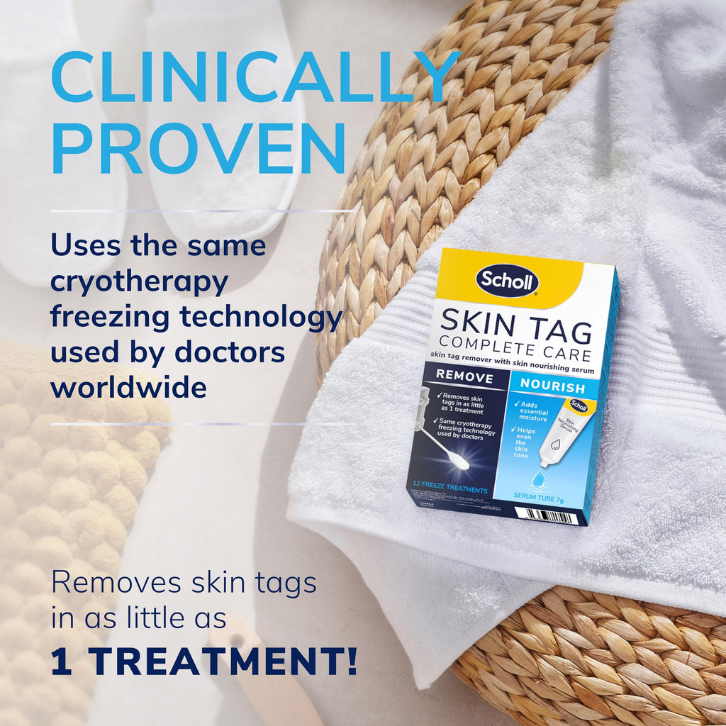 Scholl Complete Care Skin Tag Removal Kit - Safe & Effective Skin Tag Remover - Moisturising Serum Restores Skin's Appearance - Clinically Proven - 12 Treatments Plus Hydrating Serum - Damaged Box - BBE 04/2027