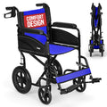 Lightweight Folding Wheelchair - Blue, Wide 20" Seat - Travel Friendly Transit Wheelchair with Adjustable Footrests & Brakes - Damaged Box