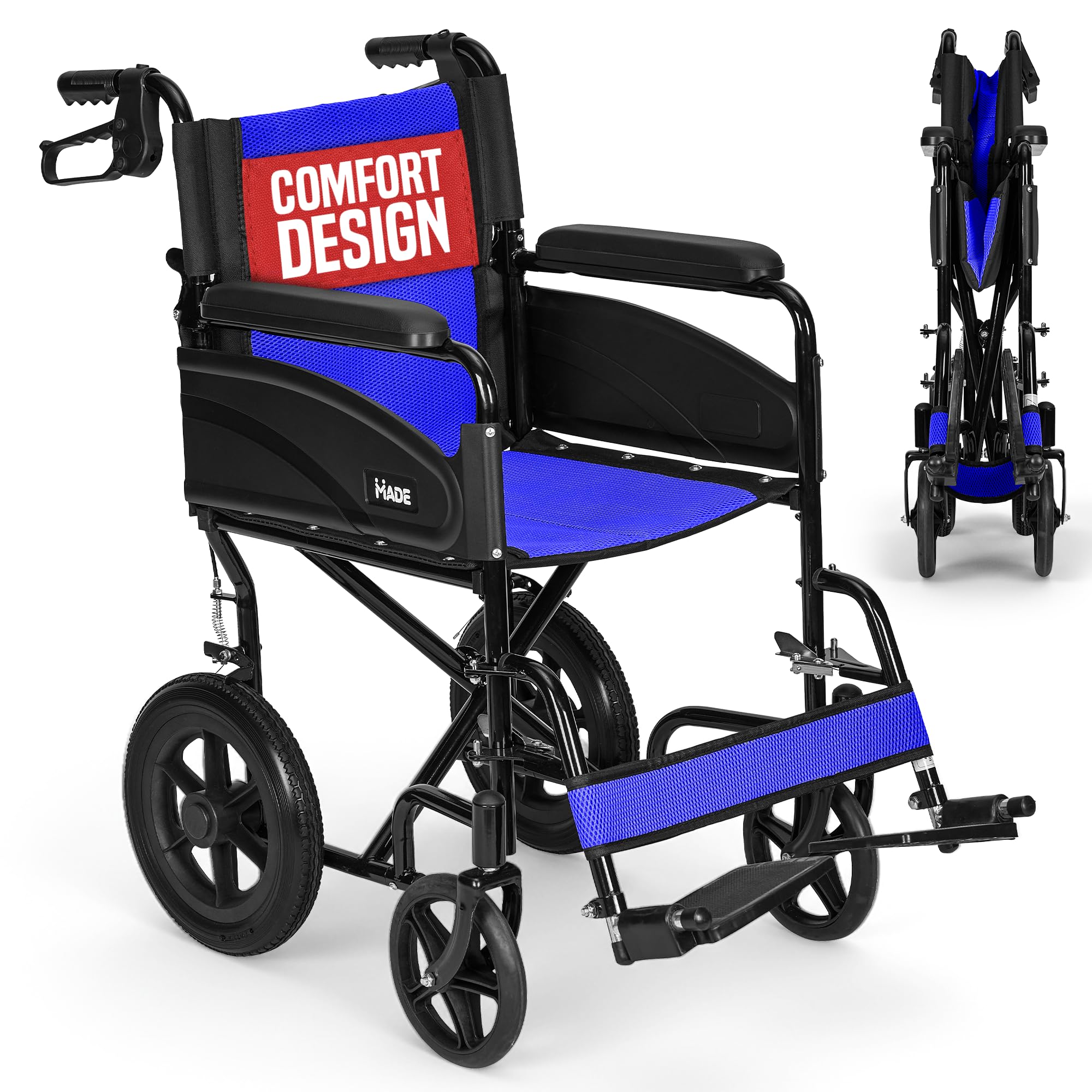 Lightweight Folding Wheelchair - Blue, Wide 20" Seat - Travel Friendly Transit Wheelchair with Adjustable Footrests & Brakes - Damaged Box