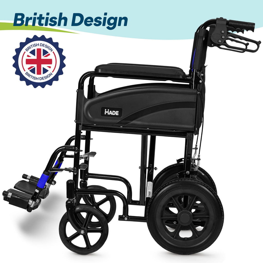 Lightweight Folding Wheelchair - Blue, Wide 20" Seat - Travel Friendly Transit Wheelchair with Adjustable Footrests & Brakes - Damaged Box