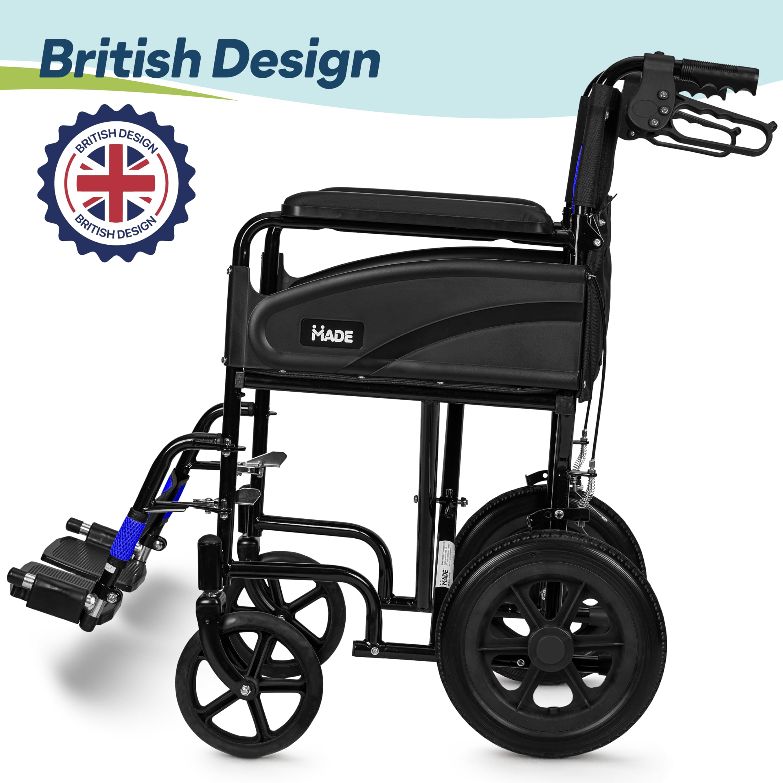 Lightweight Folding Wheelchair - Blue, Wide 20" Seat - Travel Friendly Transit Wheelchair with Adjustable Footrests & Brakes - Damaged Box