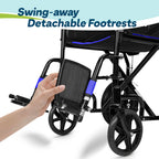 Lightweight Folding Wheelchair - Blue, Wide 20" Seat - Travel Friendly Transit Wheelchair with Adjustable Footrests & Brakes - Damaged Box