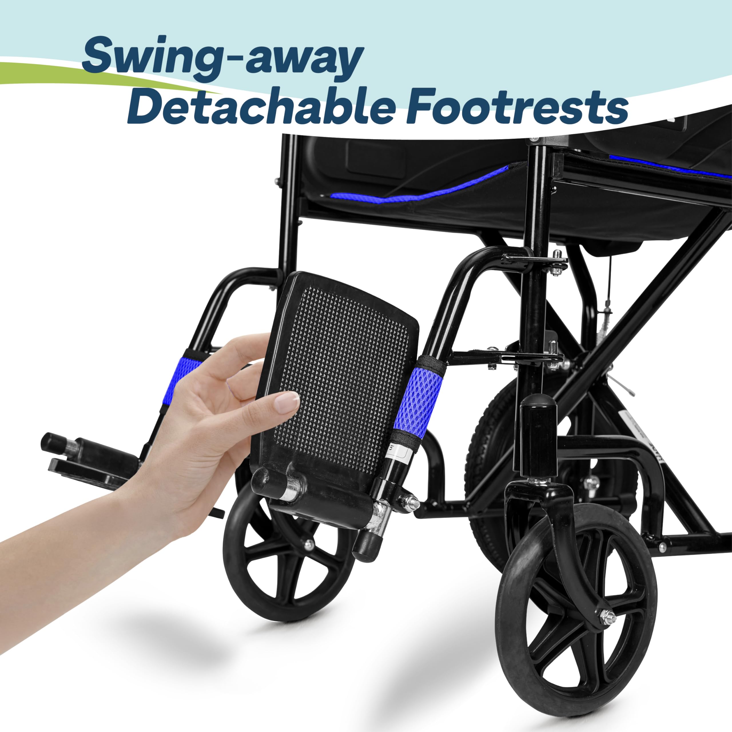 Lightweight Folding Wheelchair - Blue, Wide 20" Seat - Travel Friendly Transit Wheelchair with Adjustable Footrests & Brakes - Damaged Box