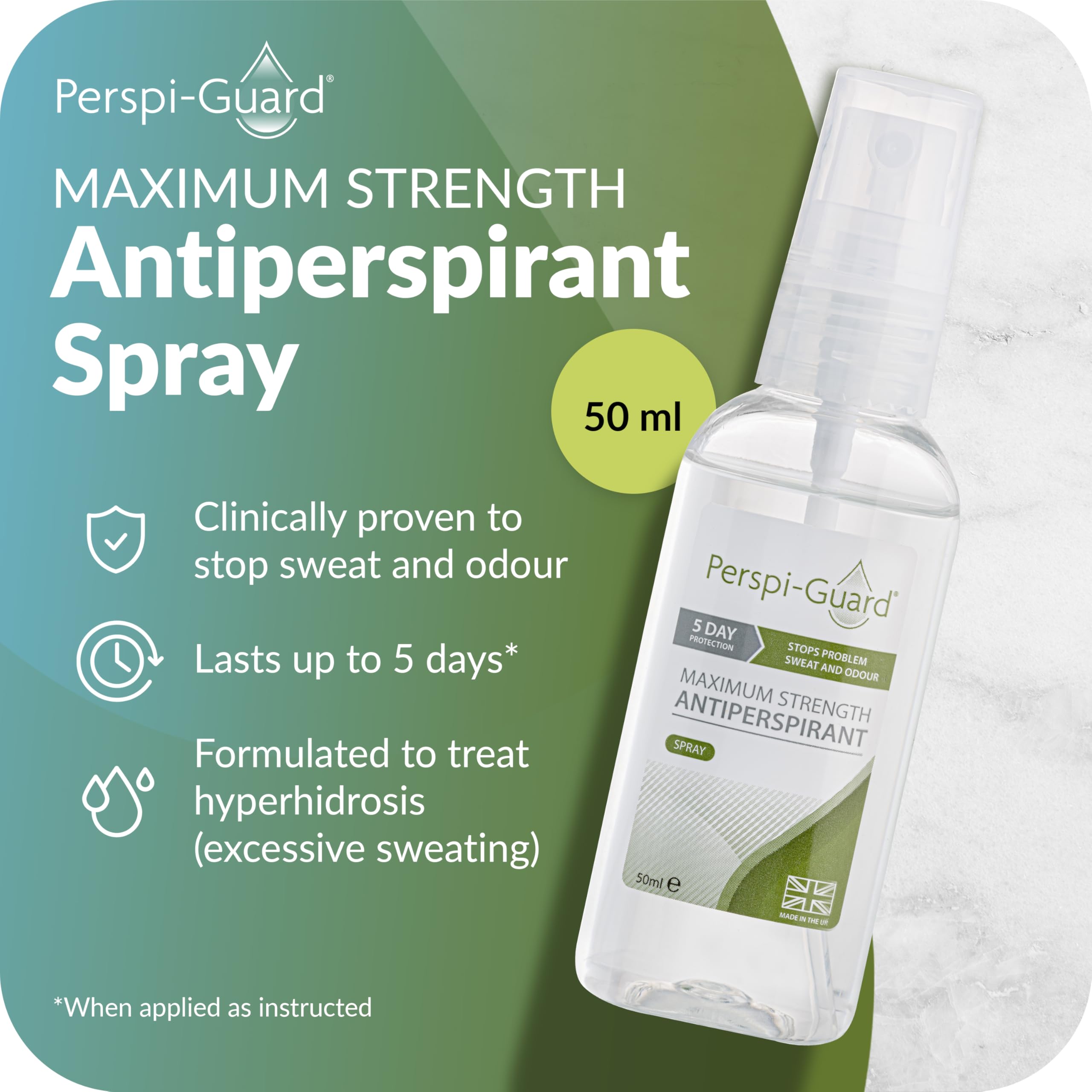 Perspi-Guard Maximum Strength Antiperspirant Spray, Strong Deodorant for Excessive Sweating, Hyperhidrosis Antiperspirant for Men & Women, 50ml, 1pk - Damaged Box - BBE 02/2029
