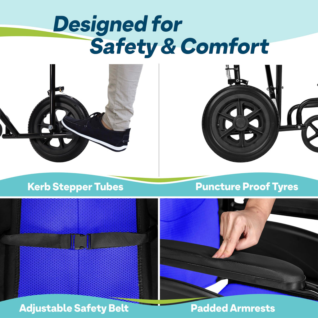 Lightweight Folding Wheelchair - Blue, Wide 20" Seat - Travel Friendly Transit Wheelchair with Adjustable Footrests & Brakes - Damaged Box