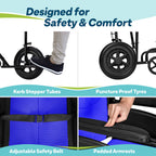 Lightweight Folding Wheelchair - Blue, Wide 20" Seat - Travel Friendly Transit Wheelchair with Adjustable Footrests & Brakes - Damaged Box