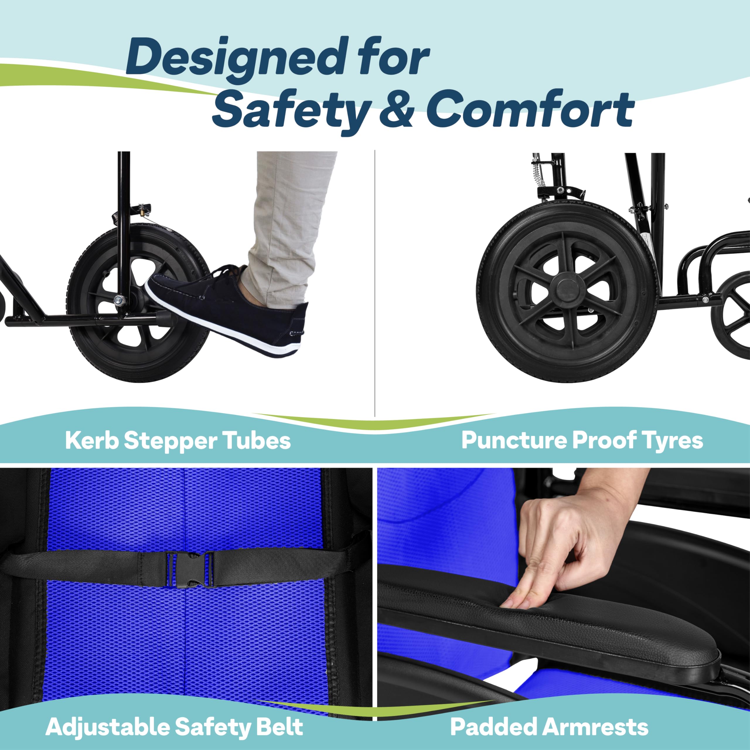 Lightweight Folding Wheelchair - Blue, Wide 20" Seat - Travel Friendly Transit Wheelchair with Adjustable Footrests & Brakes - Damaged Box