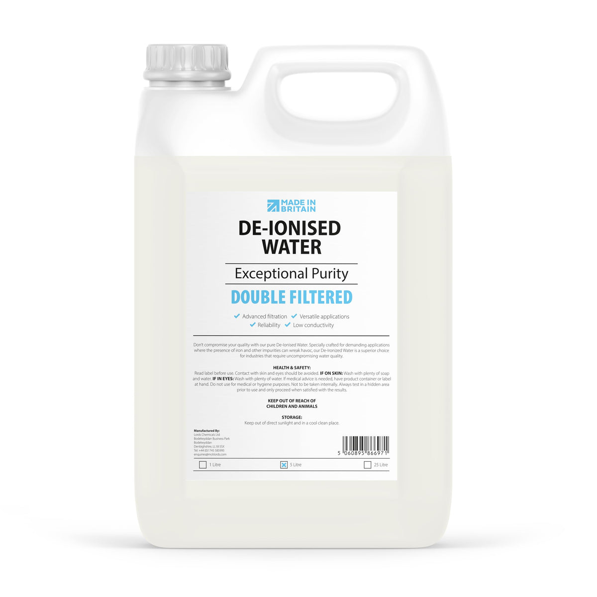 ChemLab De-Ionised Water - 5 Litre - Demineralised for Irons, Steam Cleaner, Car Battery, Radiator, Aquarium, Cleaning - New