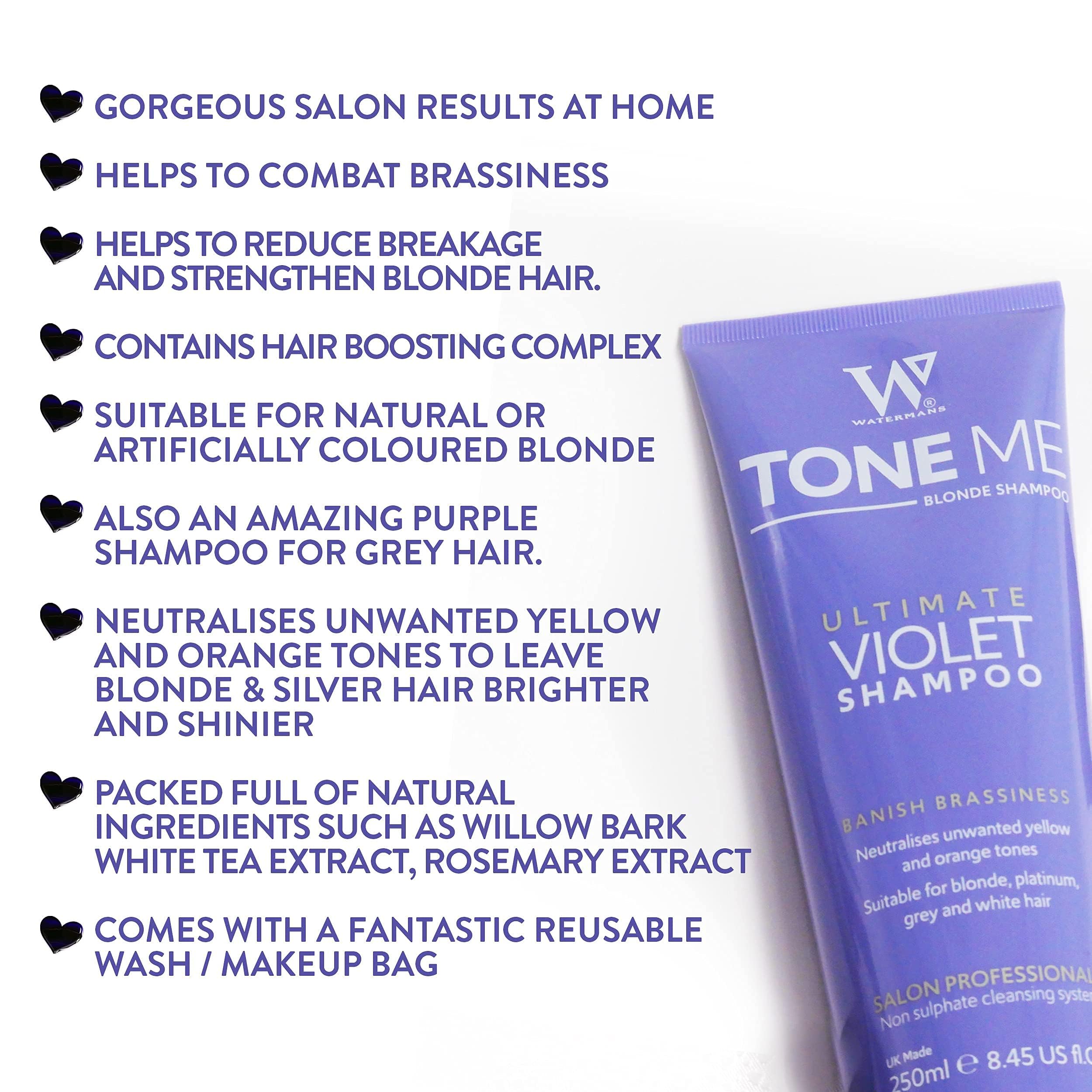 Watermans Tone Me Purple Shampoo 250ml Sulphate Free - For Blonde Bleached and Grey Hair - Comes with Free Make up bag - Damaged Box