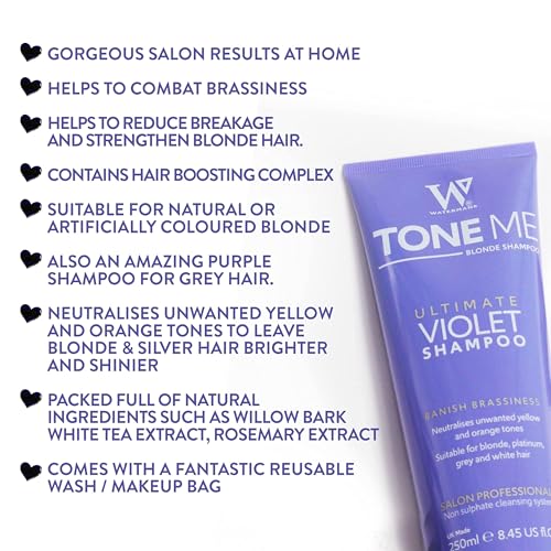 Watermans Tone Me Purple Shampoo 250ml Sulphate Free - For Blonde Bleached and Grey Hair - Comes with Free Make up bag - Damaged Box