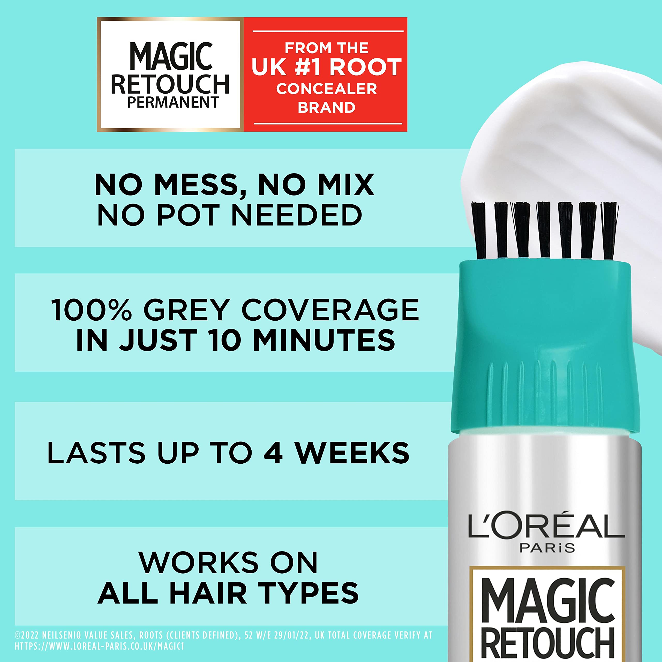L'Or'eal Paris Magic Retouch Instant Root Spray, Dark Brown 4. Delivers flawless coverage for grey regrowth in 3 sec. 75ml Dark Brown 4 shade provides a quick, easy natural-looking solution for roots. - Damaged Box